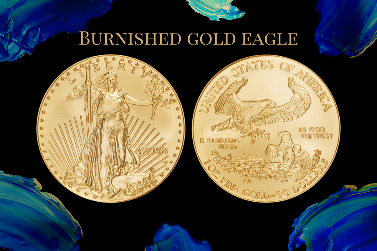 burnished gold eagle on blue numismatic traders background